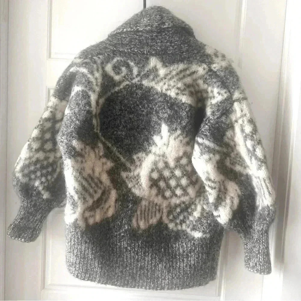 JAHARI 100% GREY WHITE WINTER  COLLAR WOOL HAND KNITTED SIZE S/M DOUBLE BREAST - Picture 2 of 15